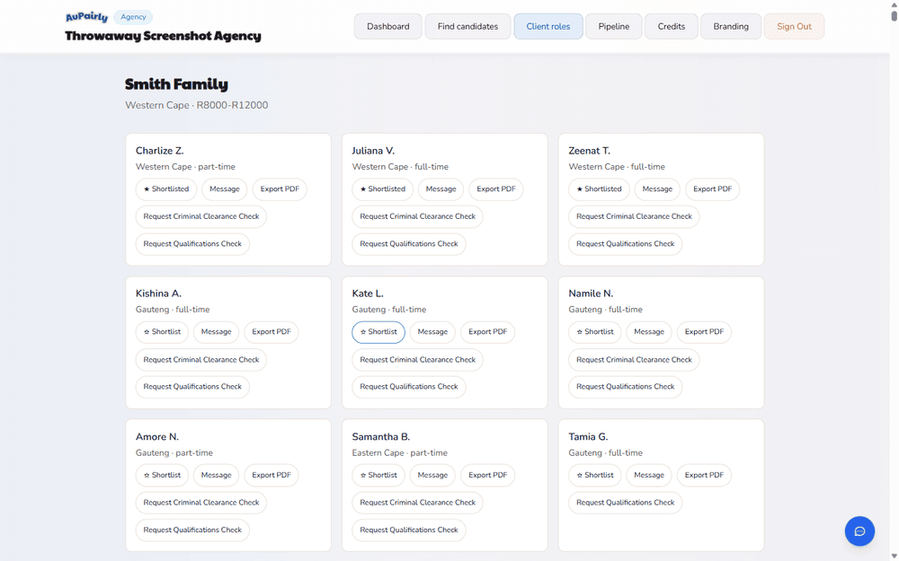 A client role in AuPairly Partners showing shortlisted candidates with Message, Export PDF, and verification-request actions