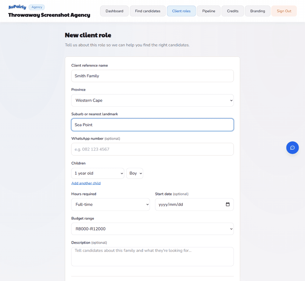 The AuPairly Partners needs wizard for setting up a new client role